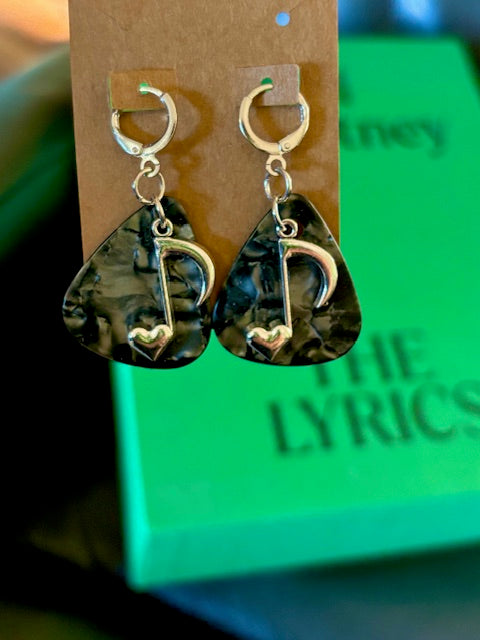 Pick Earrings - Black and Silver Heart Note