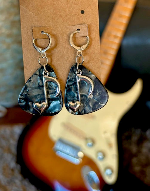 Pick Earrings - Black and Silver Heart Note