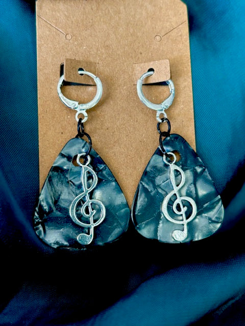 Pick Earrings - Black and Silver Treble Clef