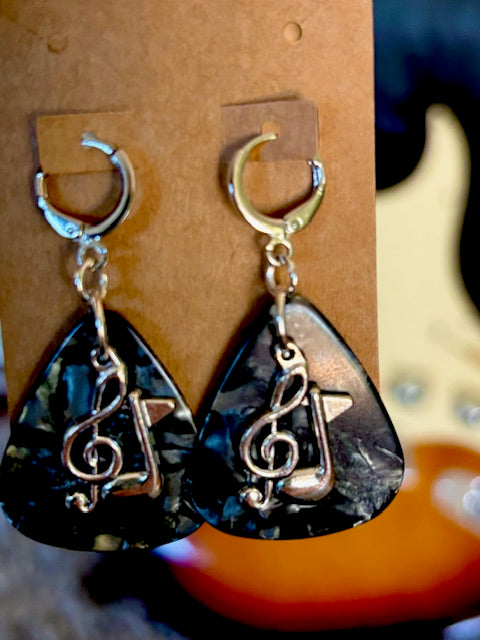 Pick Earrings - Black and Silver with Treble Clef/Note
