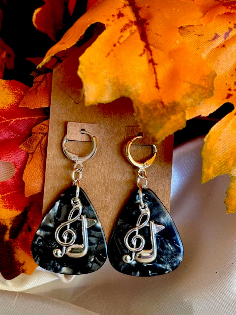 Pick Earrings - Black and Silver with Treble Clef/Note
