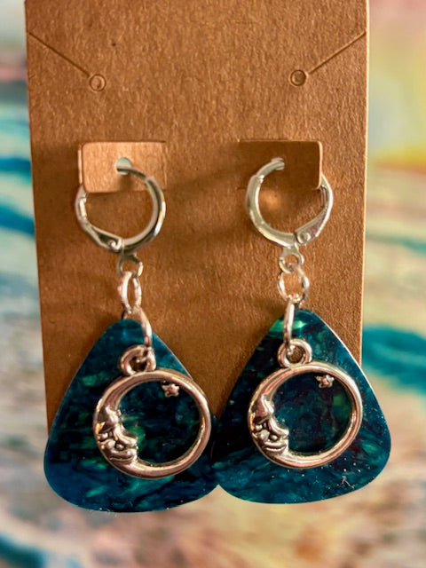 Pick Earrings - Turquois Blue and Silver Circle Moon