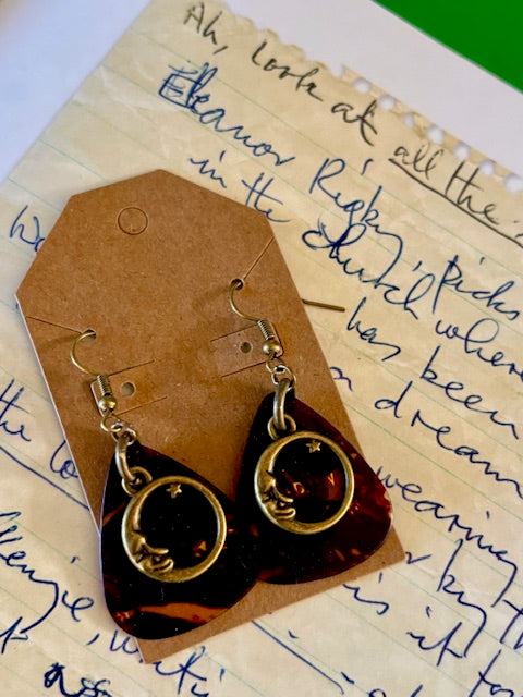 Pick Earrings - Tortoise Shell and Bronze Circle Moon