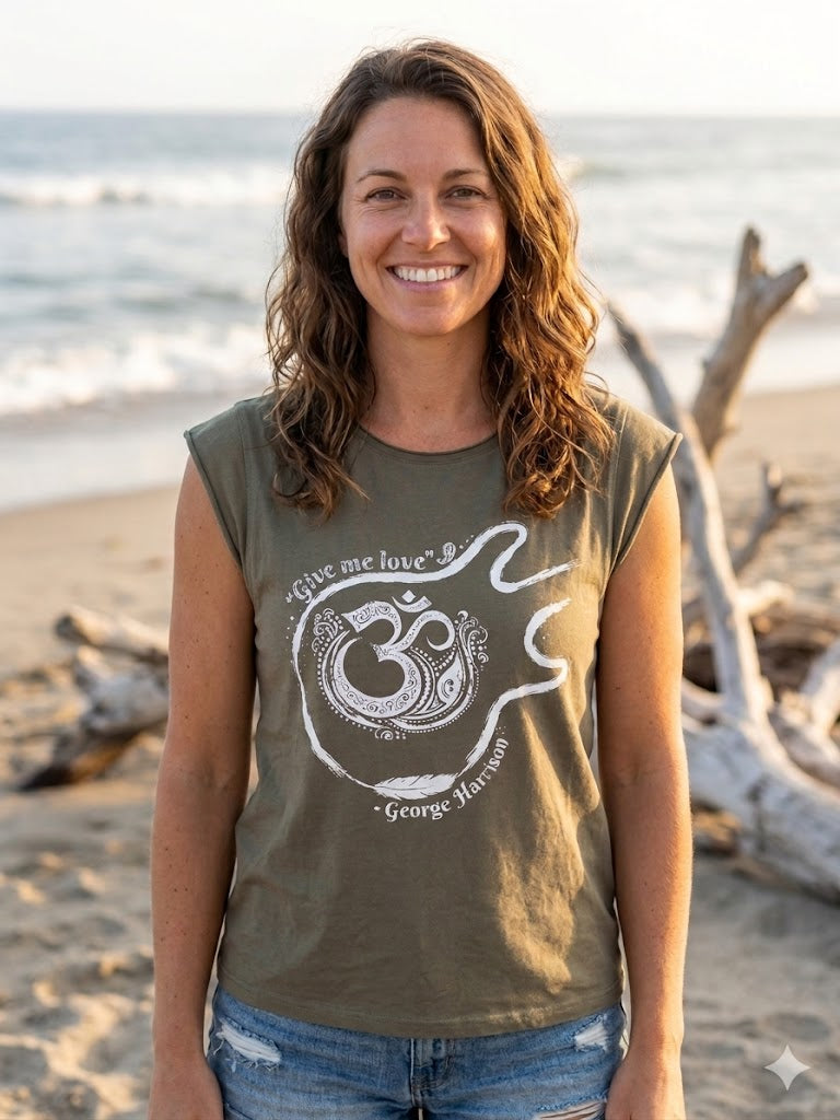 Women's cut off tee - Sage, Guitar and Om graphic