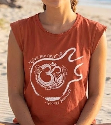 Women's Guitar and Om short sleeve cut off tee shirt - Terra Cotta