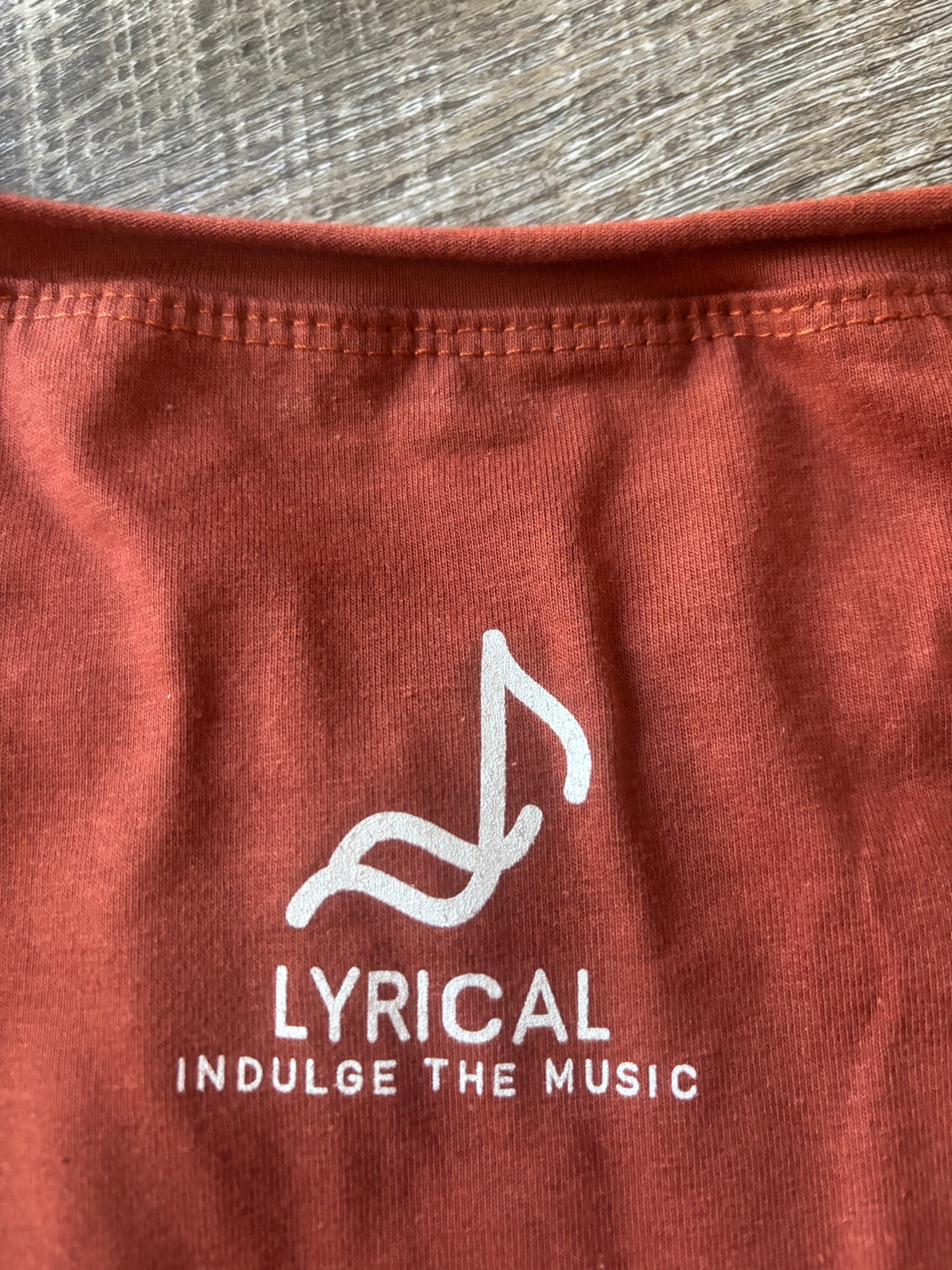 Women's Guitar and Om short sleeve cut off tee shirt - Terra Cotta