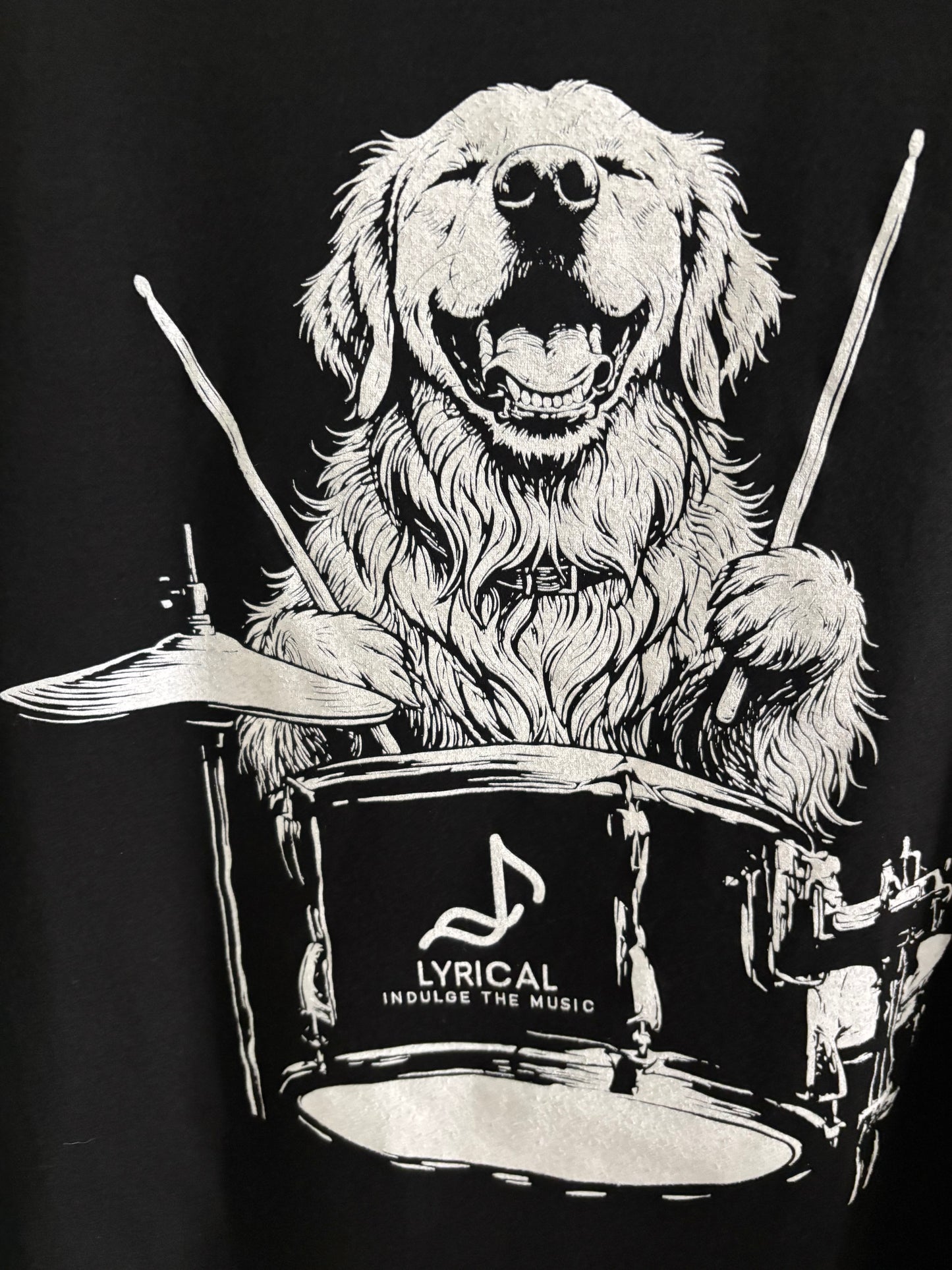 Drumming Dog black womens Tee shirt