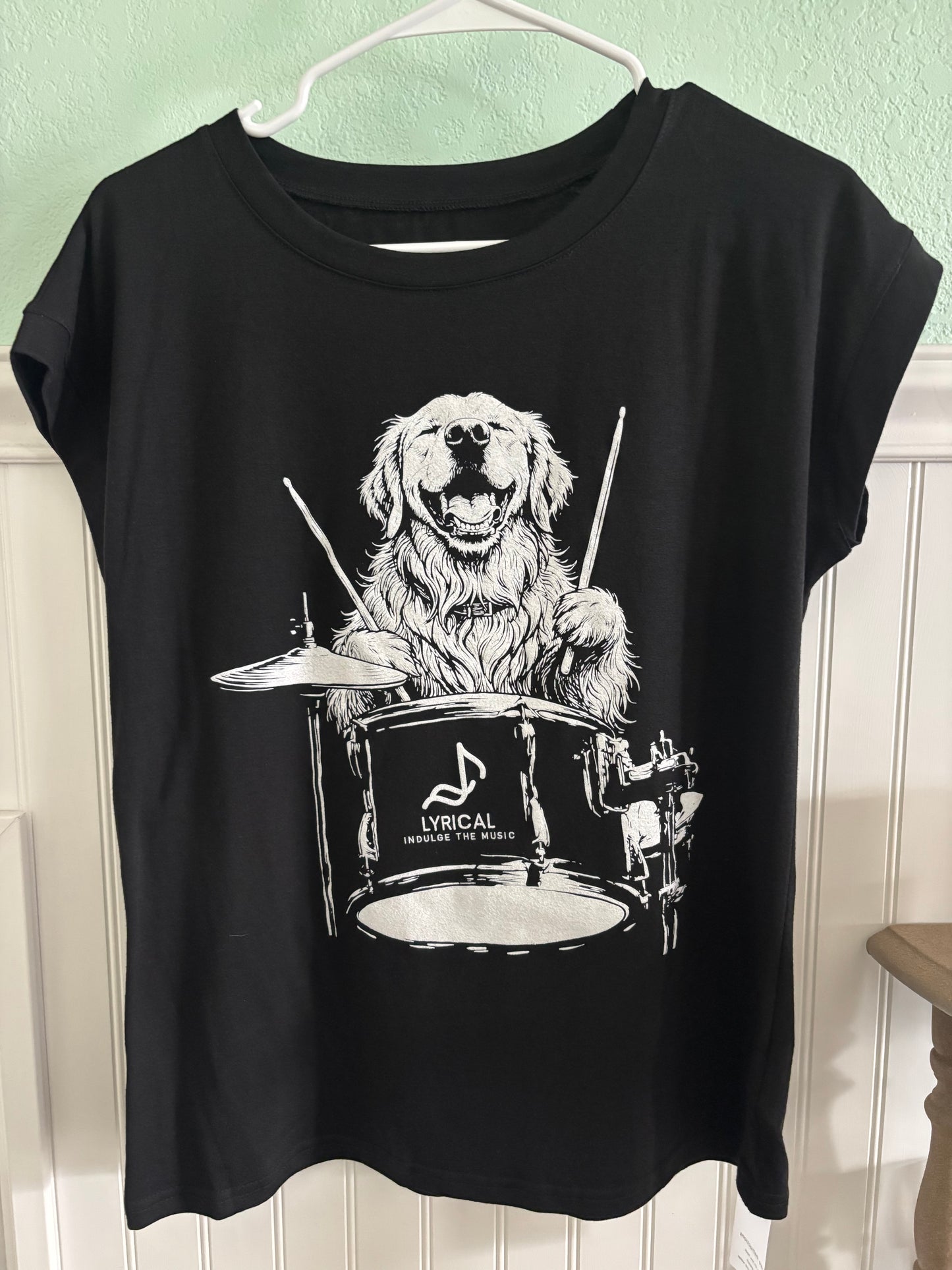 Drumming Dog black womens Tee shirt