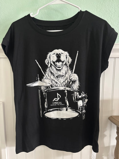 Drumming Dog black womens Tee shirt