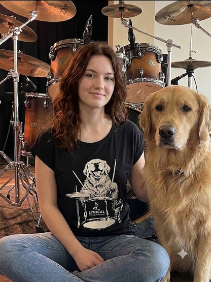 Drumming Dog black womens Tee shirt