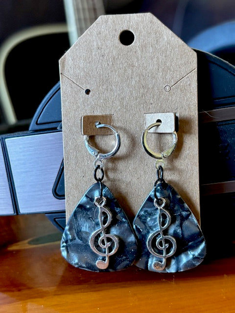 Pick Earrings - Black and Silver Treble Clef