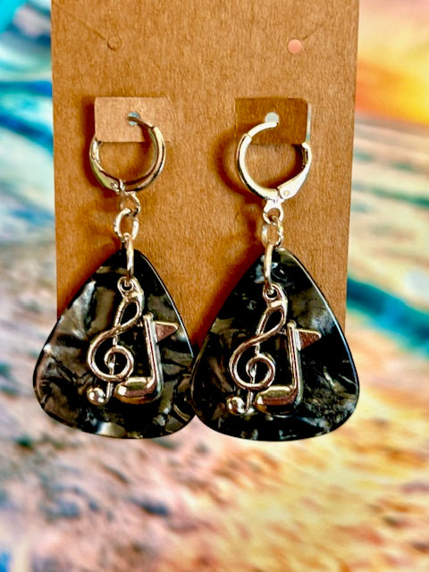 Pick Earrings - Black and Silver with Treble Clef/Note