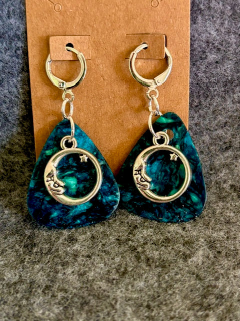 Pick Earrings - Turquois Blue and Silver Circle Moon