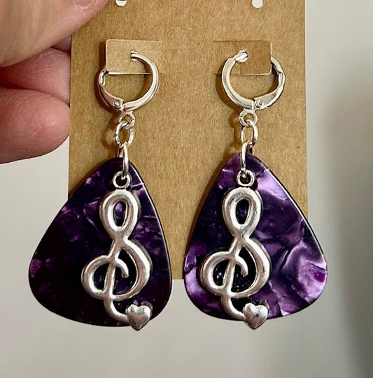 Pick earrings - Purple with Treble Clef
