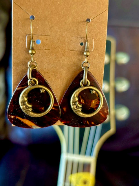 Pick Earrings - Tortoise Shell and Bronze Circle Moon