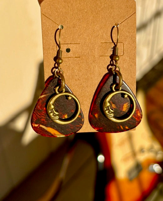 Pick Earrings - Tortoise Shell and Bronze Circle Moon